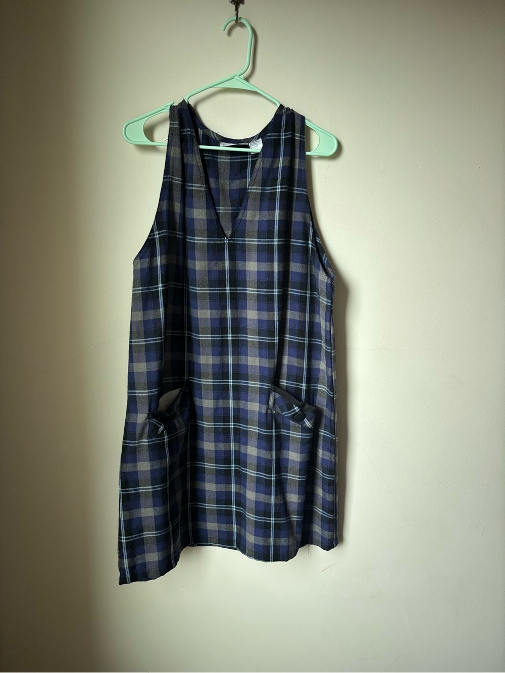 Vintage blue and black plaid sleeveless V-neck pinafore dress